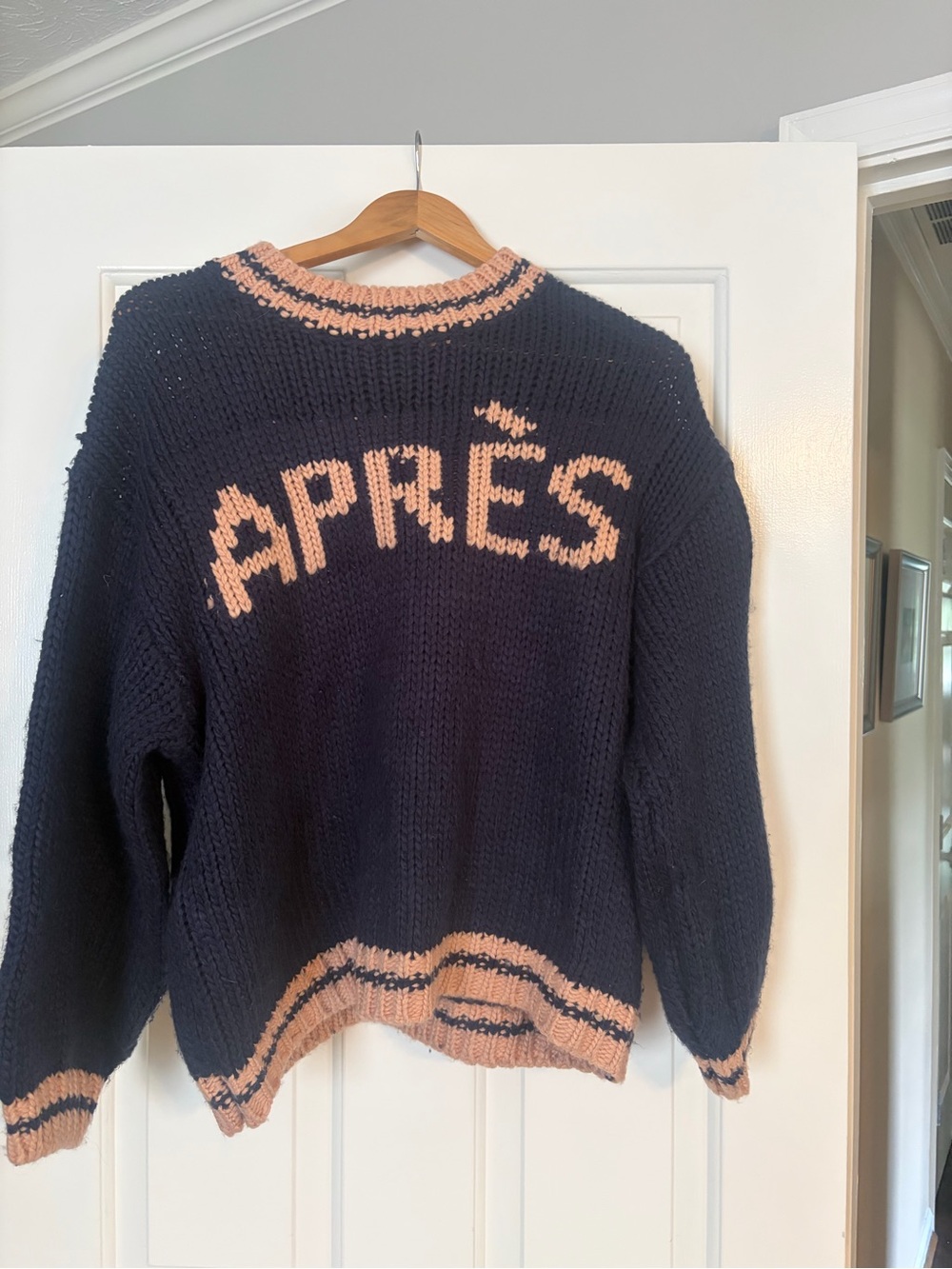 Maeve Navy Sweater with Blush Apres Lettering